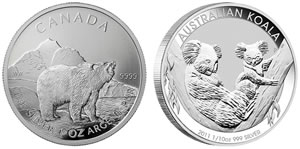 Canadian Grizzly Silver Coin and Australian Koala Silver Coin (Reverses Shown)