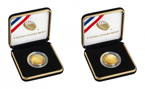 U.S. Mint images of the 2014 $5 Gold National Baseball Hall of Fame Commemorative Coins  (Proof and Uncirculated) in Cases