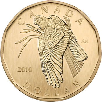 This Northern Harrier Aureate Dollar is only availably within the 2010 Royal Canadian Mint Specimen Set - CLICK IMAGE TO ENLARGE Northern Harrier Aureate Dollar (Reverse) in 2010 Royal Canadian Mint Specimen Set