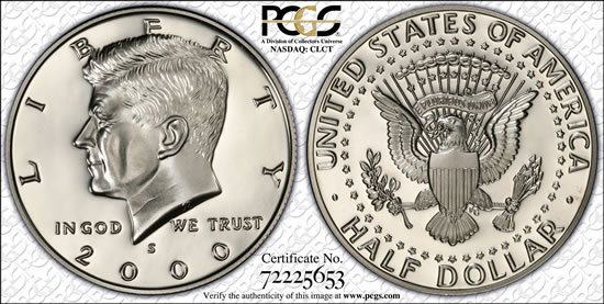 2000-S Kennedy 50c, PCGS PR-70 DC, Erasmus Hal 2000-S Kennedy 50c, PCGS PR-70 DC, Erasmus Hal