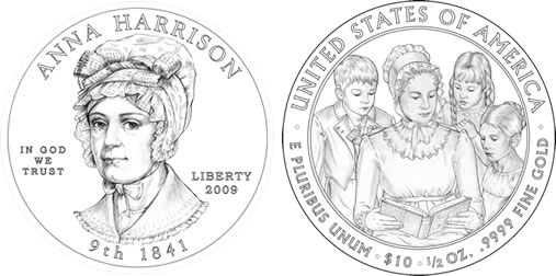 Anna Tuthill Symmes Harrison First Spouse Gold Coin Design (United States Mint images) Anna Tuthill Symmes Harrison First Spouse Gold Coin Design