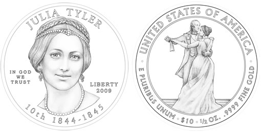 Julia Gardiner Tyler First Spouse Gold Coin Design (United States Mint images) Julia Gardiner Tyler First Spouse Gold Coin Design