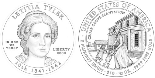 Letitia Christian Tyler First Spouse Gold Coin Design (United States Mint images) Letitia Christian Tyler First Spouse Gold Coin Design