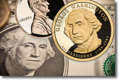 Penny, Dollar Bill and Dollar Coin