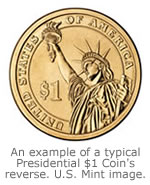 An example of a typical Presidential Dollar Coin Reverse An example of a typical Presidential $1 Coin Reverse