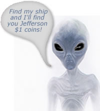 Comic image of spaceman looking for Jefferson $1 Presidential coins
