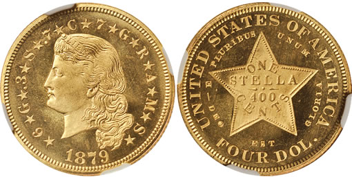 This 1879 Judd-1635 Flowing Hair Stella certified Proof-66 Cameo by NGC realized $182,500 – CLICK IMAGE TO ENLARGE 1879 Judd-1635 Flowing Hair Stella