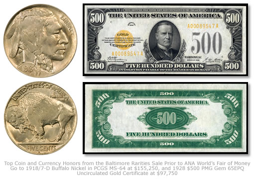 1918/7-D Buffalo Nickel and 1928 $500 Gold Certificate