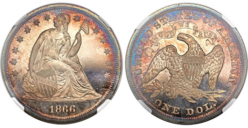 1866 $1 Motto PR67 Cameo NGC Rare Coin