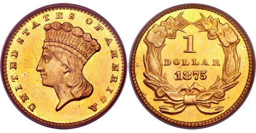 This 1875 Gold Dollar realized $109,250 - Click image to visit Heritage for additional information 1875 Gold Dollar