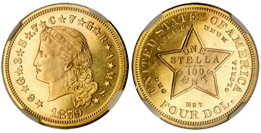 1879 Flowing Hair stella struck in gold, Judd-1635, Pollock-1833, PR65 NGC