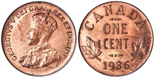 George V Cent 1936 Dot, KM28, Specimen 66 Red PCGS George V Cent 1936 Dot, KM28, Specimen 66 Red PCGS