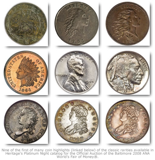 Nine Heritage Coin Highlights in Platinum Night Rarities for Baltimore ANA Auction