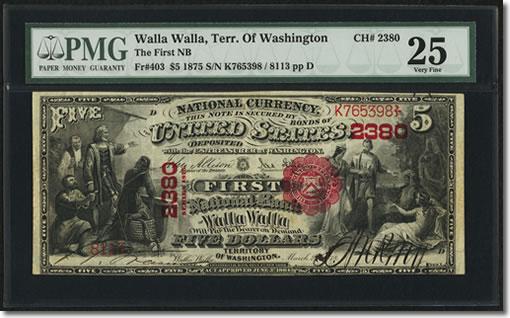 The highest price realized in the auction came near the end of Session Three when a Walla Walla, Washington Territory - $5 1875 Fr. 403 The First NB Ch. # 2380 PMG Very Fine 25 crossed the auction block and was sold for $161,000 Walla Walla, Washington Territory - $5 1875 Fr. 403 The First NB