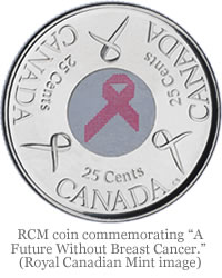 RCM 25-cent circulation coin, commemorating &ldquo;A Future Without Breast Cancer.&rdquo;  (Royal Canadian Mint image)