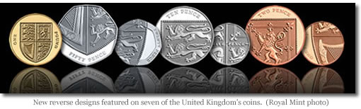 New reverse designs featured on seven of the United Kingdom’s coins. (Royal Mint photo) United Kingdom Shielf of Royal Arms coins