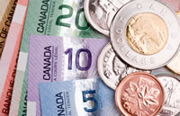 Canadian currency and coins standing out from the crowd