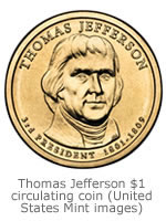The obverse of the Thomas Jefferson Presidential Circulating $1 Dollar