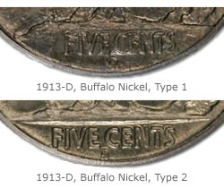 Notice the difference between the two variety types of the 1913 Buffalo Nickels