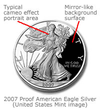 2007 Proof American Eagle Silver with background and foreground descriptions