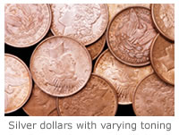Silver dollars at varying levels of toning