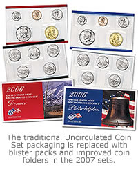 The traditional Uncirculated Coin Set packaging is replaced with blister packs and improved coin folders in the 2007 sets.