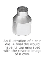 A standard coin die that's attached to a press. This one is missing the coin image from the top area, as the U.S. Mint removes them for security reasons after the die is used up