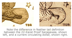 A 22-karat space coin design vs. a regular circulating Sacagawea design 