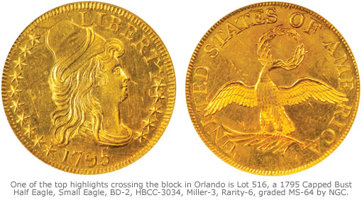 One of the top highlights crossing the block in Orlando is Lot 516, a 1795 Capped Bust Half Eagle, Small Eagle, BD-2, HBCC-3034, Miller-3, Rarity-6, graded MS-64 by NGC. 