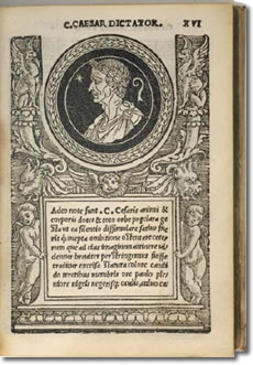 A medallion-like portrait of Roman Emperor Julius Caesar and ornate woodcut borders adorn page 16 in the world’s first illustrated numismatic book, Illustrium Imagines, published in 1517. An original edition of the rare book was donated to the ANA Library by prominent collector, Dwight Manley. (Photo credit: American Numismatic Association/Douglas A. Mudd.)