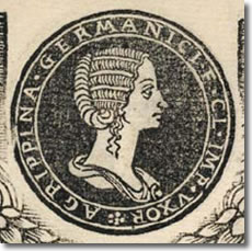 A detail in the 1517 book, Illustrium Imagines, showing a medallion-like portrait of Julia Agrippina (”Agrippina the Younger”), sister of Emporer Caligula, wife of Emperor Claudius and mother of Emperor Nero. (Photo credit: American Numismatic Association/Douglas A. Mudd.)
