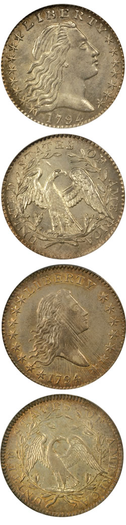 1794 Flowing Hair Half Dime. V-3, LM-3. Rarity-4. MS-67 (NGC) and 1794 Flowing Hair Half Dollar. O-106. Rarity-6. AU-58 (PCGS).
