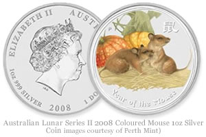 Australian Lunar Series II 2008 Coloured Mouse 1oz Silver Coin images courtesy of Perth Mint)