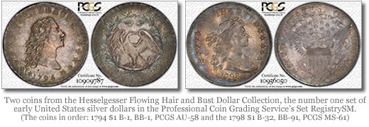Two coins from the Hesselgesser Flowing Hair and Bust Dollar Collection, the number one set of early United States silver dollars in the Professional Coin Grading Service’s Set RegistrySM.