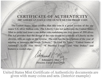 United States Mint Certificate of Authenticity documents are given with many coins and sets. (Interior example)