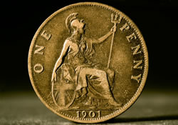 A 1901 one-penny coin depicting Britannia