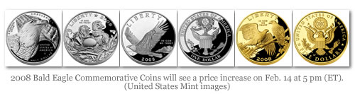 2008 Bald Eagle Commemorative Coins will see a price increase on Feb. 14 at 5 pm (ET). (United States Mint images)