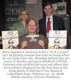 Brian Ingram of Arkansas holds a "D. B. Cooper" 1971 skyjacking ransom $20 note he found when he was eight years old. Photo credit: Donn Pearlman