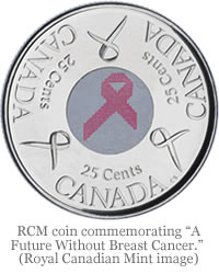 RCM 25-cent circulation coin, commemorating “A Future Without Breast Cancer.”  (Royal Canadian Mint image)