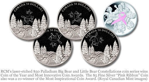 RCM’s laser-etched $50 Palladium Big Bear and Little Bear Constellations coin series wins Coin of the Year and Most Innovative Coin Awards.  The $5 Fine Silver “Pink Ribbon” Coin also was a co-winner of the Most Inspirational Coin Award. (Royal Canadian Mint images)