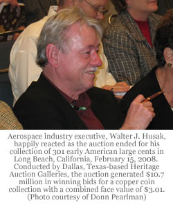 Aerospace industry executive, Walter J. Husak, happily reacted as the auction ended for his collection of 301 early American large cents. Photo credit: Donn Pearlman