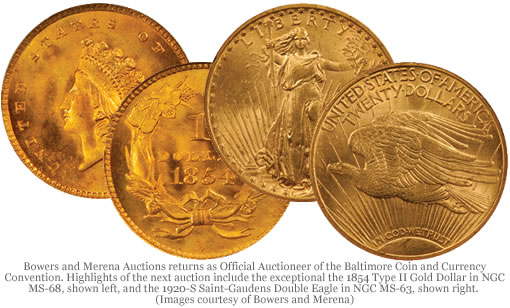 1854 Type II Gold Dollar and 1920-S Saint-Gaudens Double Eagle coins