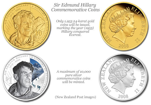 Sir Edmund Hillary silver and gold commemorative coins