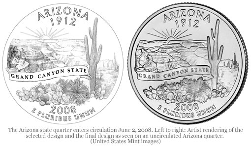 Arizona state quarter and original design rendering