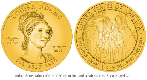 United States Mint artist renderings of the Louisa Adams First Spouse Gold Coins