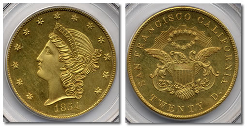 1854 Kellogg $20 gold coin