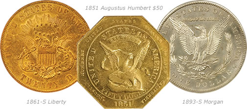 1861-S Liberty, 1851 Augustus Humbert $50, and 1893-S Morgan coins