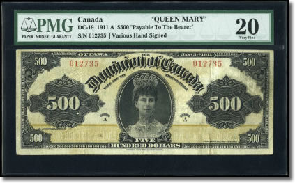 Canadian "Queen Mary" $500 1911 note, face
