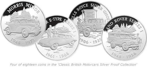 Four of the eighteen coins in the 'Classic British Motorcars Silver Proof Collection'