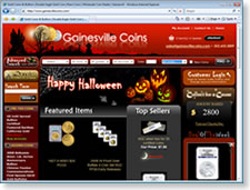 Image of Gainesville Coins Halloween themed website 